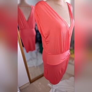 Forever 21-Neon Coral Backless Wrap Midi Dress NWT